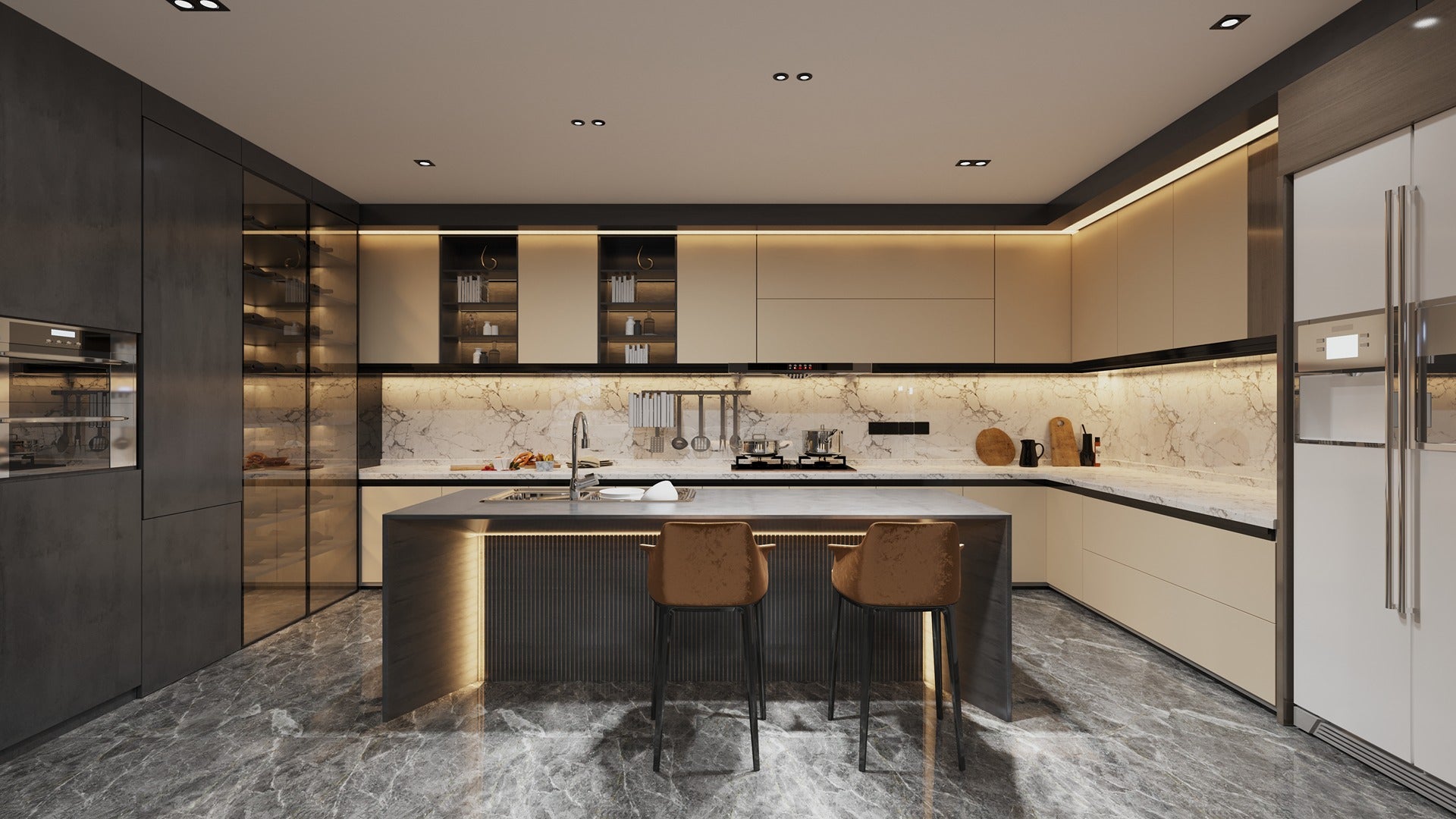 Dark brown laminate kitchen cabinets and island with marble countertops and backsplash in modern kitchen interior