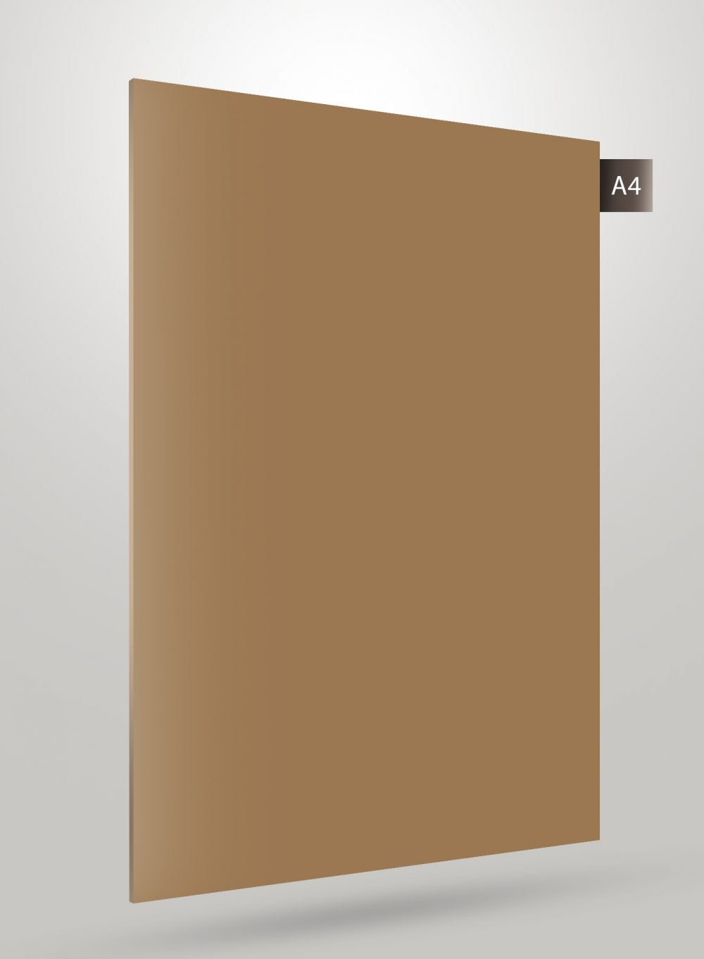 Brown solid colour laminate sheet with high gloss finish and smooth surface, labelled A4.