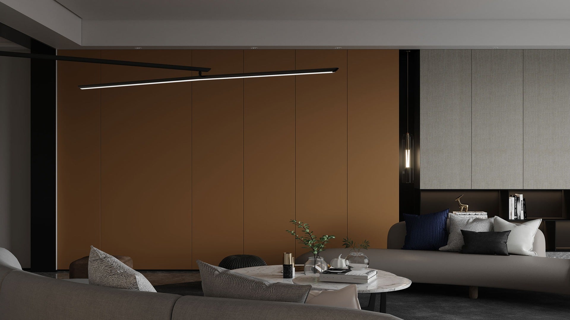 Brown high gloss solid colour laminate wall panels in modern living room with minimalist decor and sleek furniture.