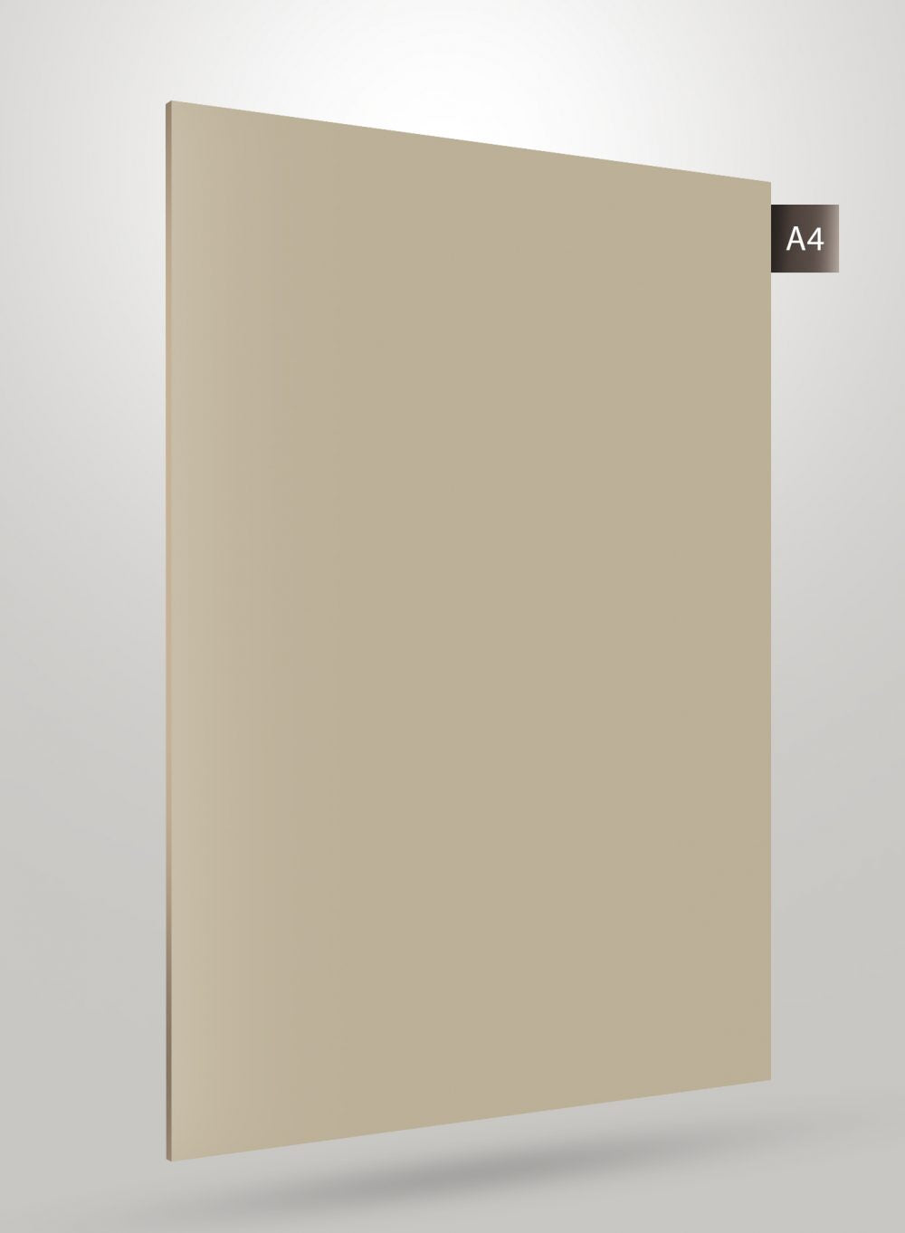 Solid beige laminate sheet with glossy finish and smooth texture, shown at an angle with code label A4.