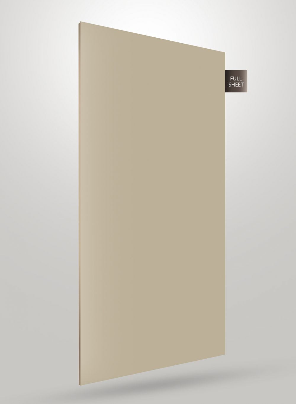 Beige solid colour laminate sheet with glossy finish and smooth texture, labelled full sheet on a white background.
