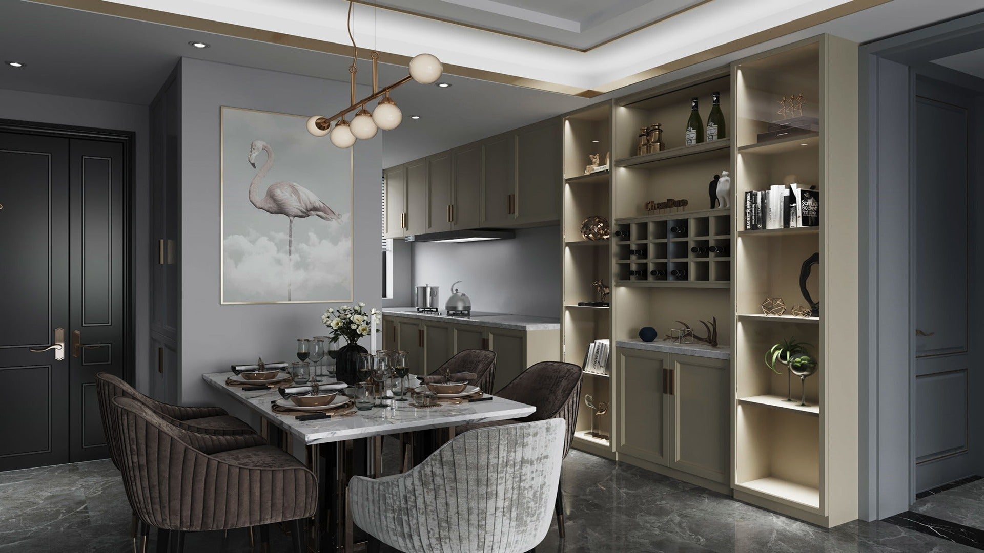 Green laminate in modern dining room with sleek cabinets and marble table, showcasing high gloss finish and solid color