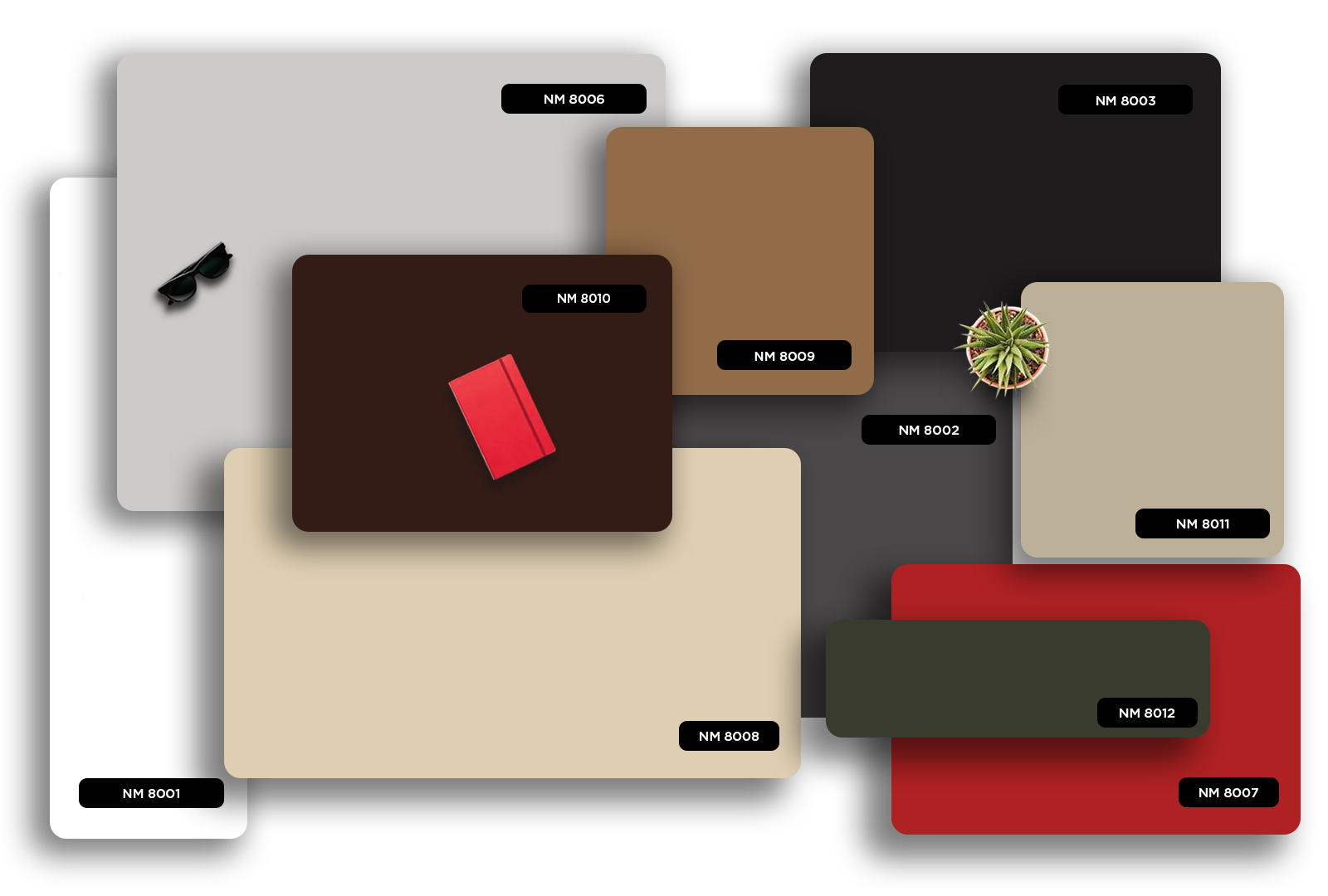 Multi-coloured solid laminate samples with glossy finish and various colour codes displayed on a white background.