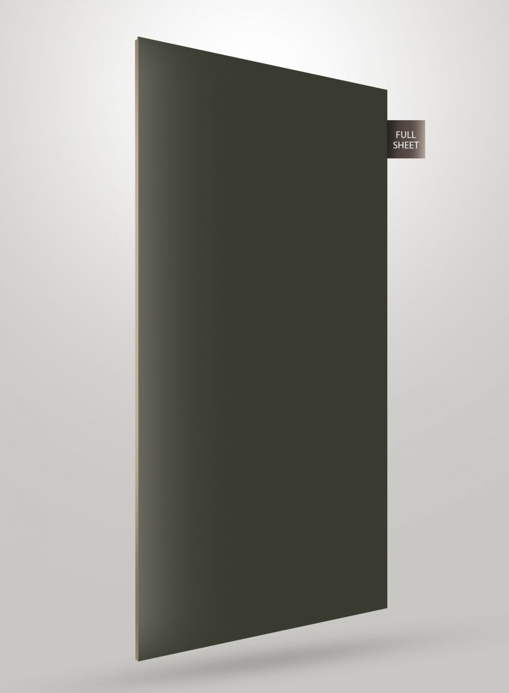 Dark green solid colour laminate sheet with high gloss finish and full sheet label on a light grey background