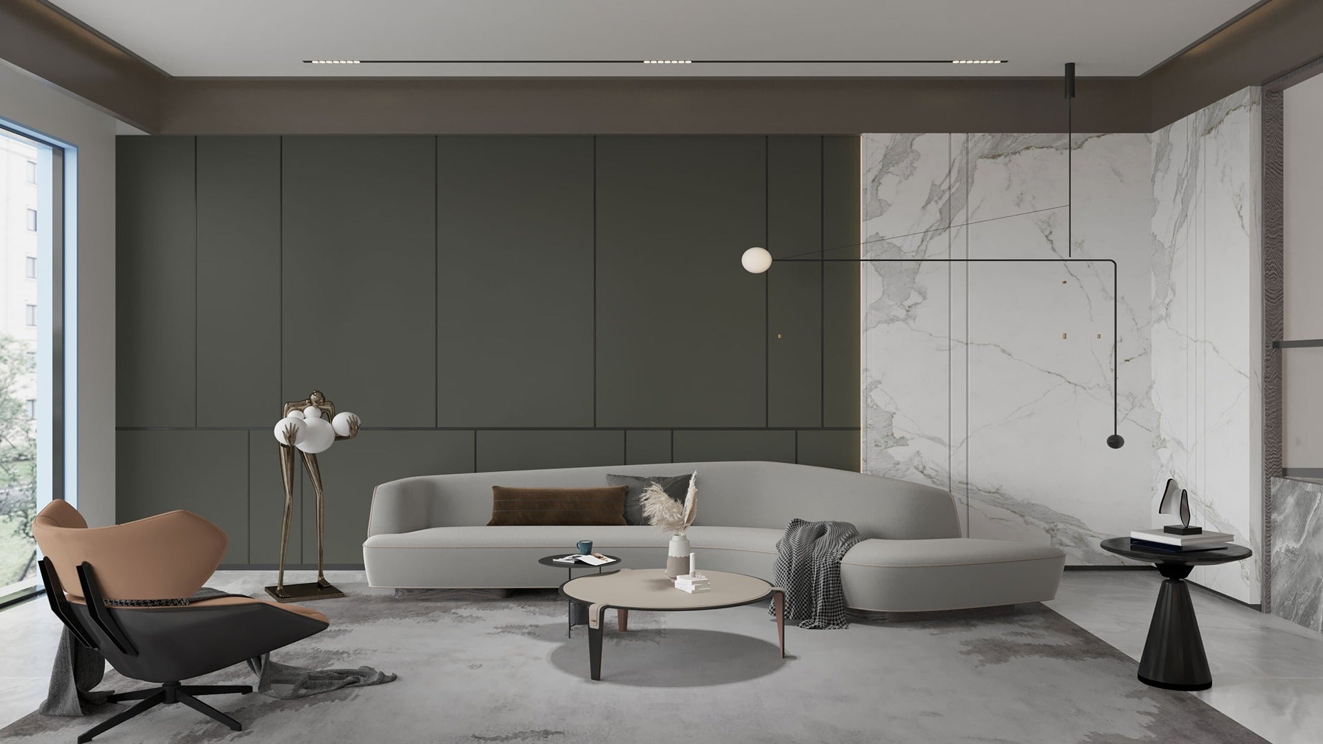 Dark green glossy laminate wall panels in modern living room with white marble accent wall and minimalist furniture.