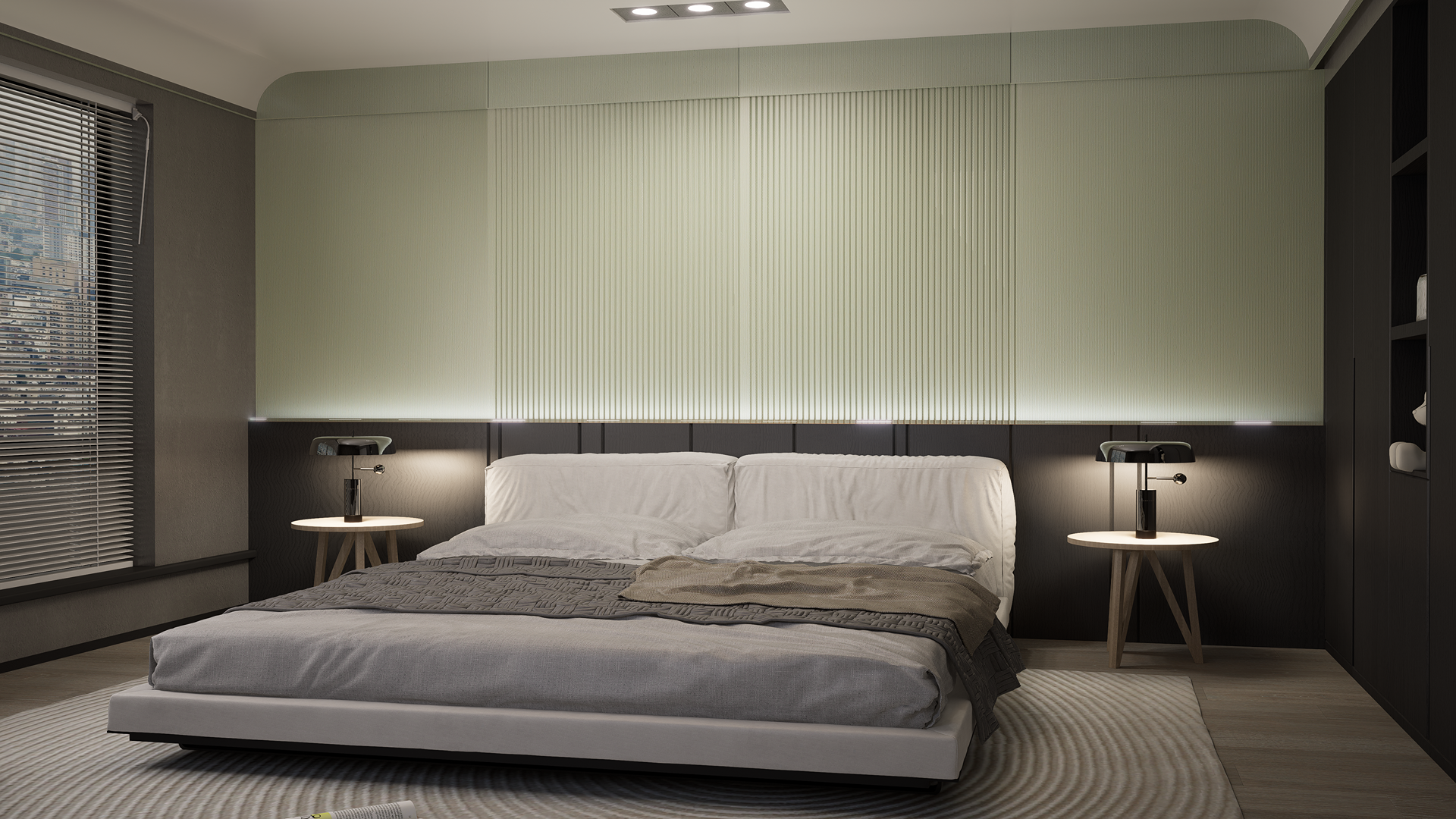 Green fluted laminate wall with matte finish in modern bedroom setting with bed and side tables.