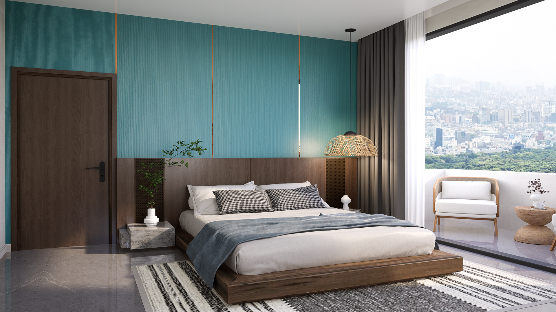 Blue decorative fluted laminate wall with matte finish in modern bedroom interior with wooden accents and city view