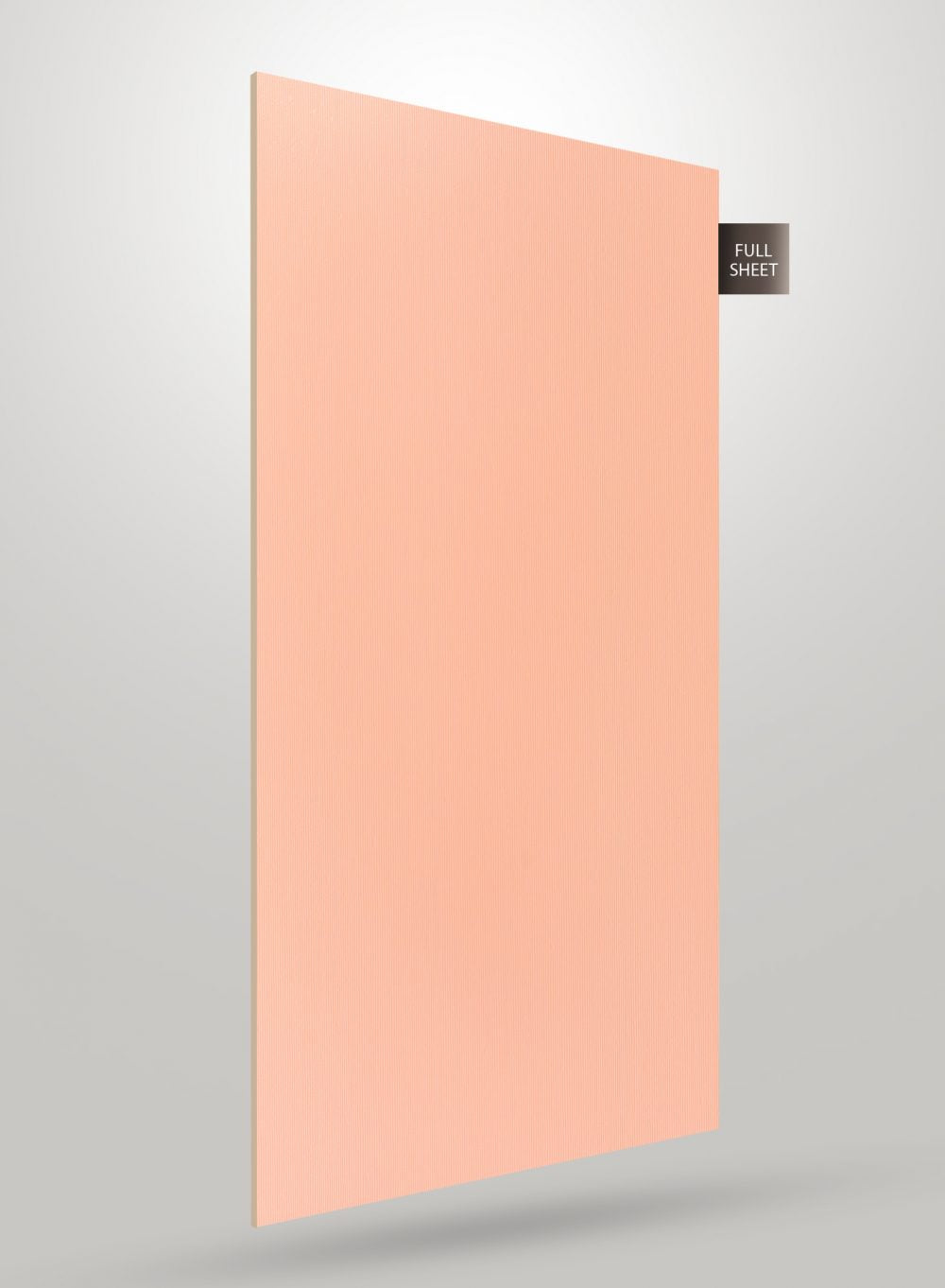 Pink decorative fluted laminate sheet with matte finish and vertical texture pattern on a grey background.