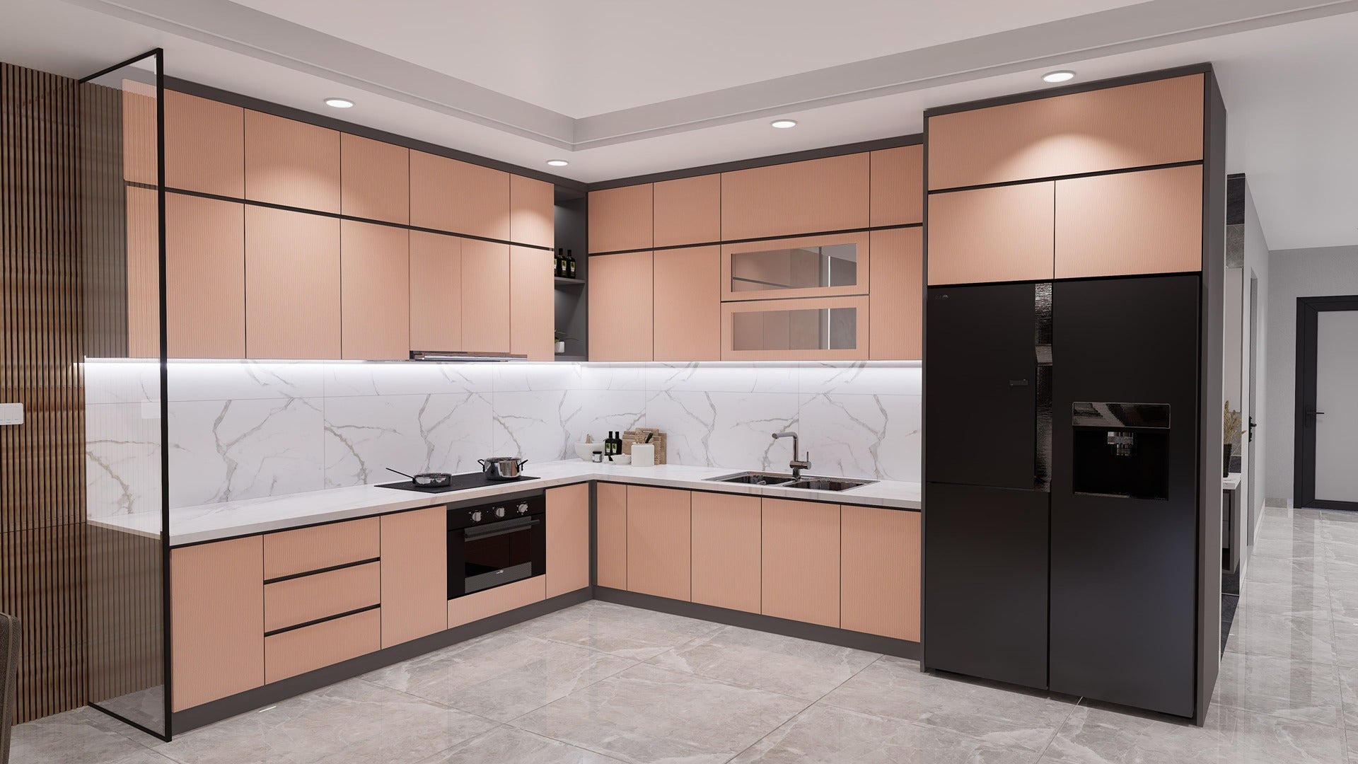 Pink fluted laminate kitchen cabinets with matte finish and textured surface in modern kitchen interior design setting.