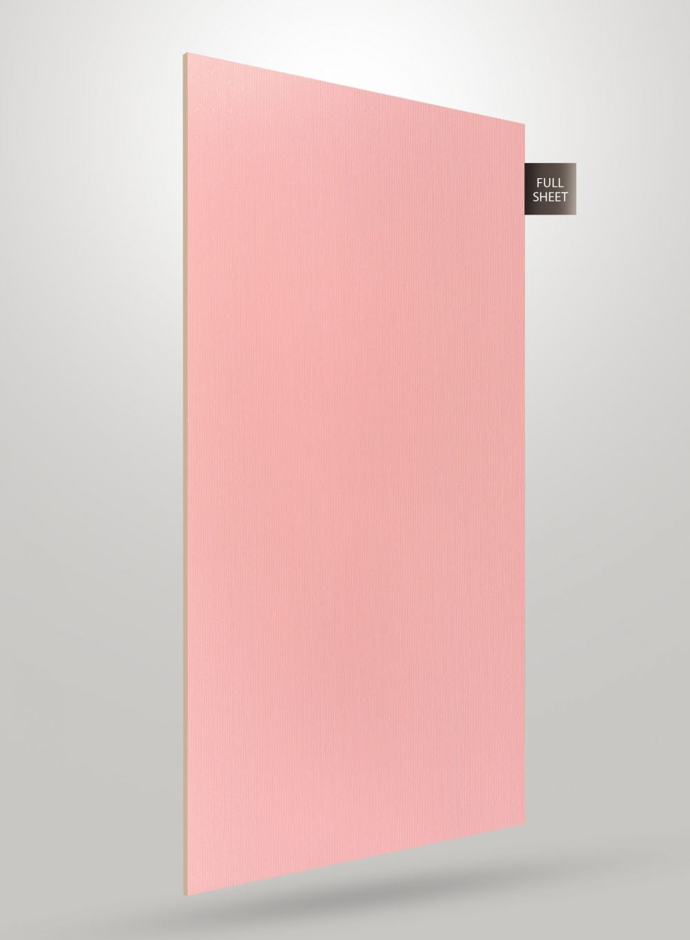 Pink fluted laminate sheet with matte finish and vertical ridges, displayed as full sheet with subtle shadow effect.