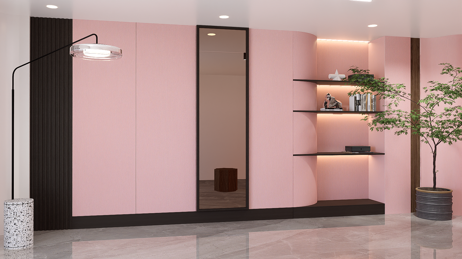 Pink fluted laminate wall with matte finish and vertical grooves in a modern room with shelves and decor.