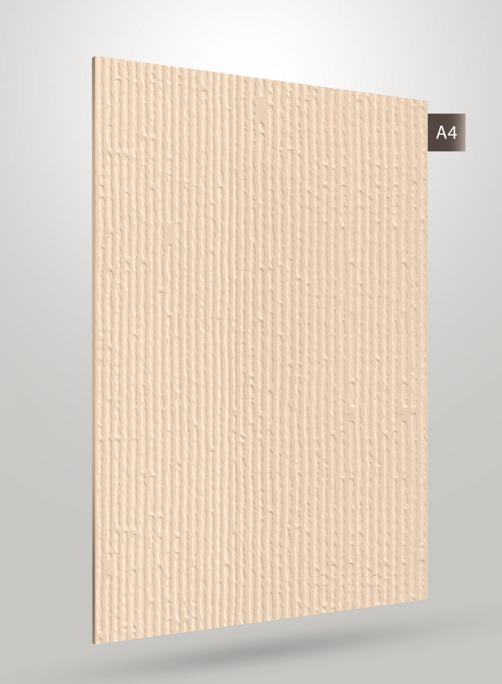 Beige decorative laminate with fluted pattern and matte finish, showing textured vertical grooves on its surface.