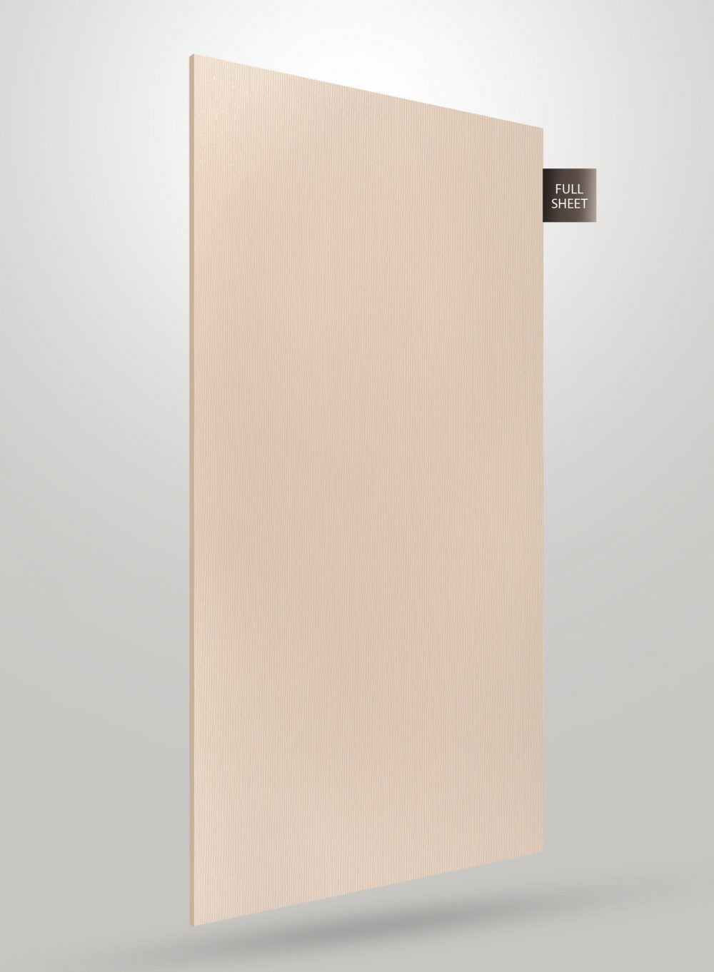 Beige matte fluted laminate sheet with vertical grooves and smooth finish displayed on a gray background with full sheet