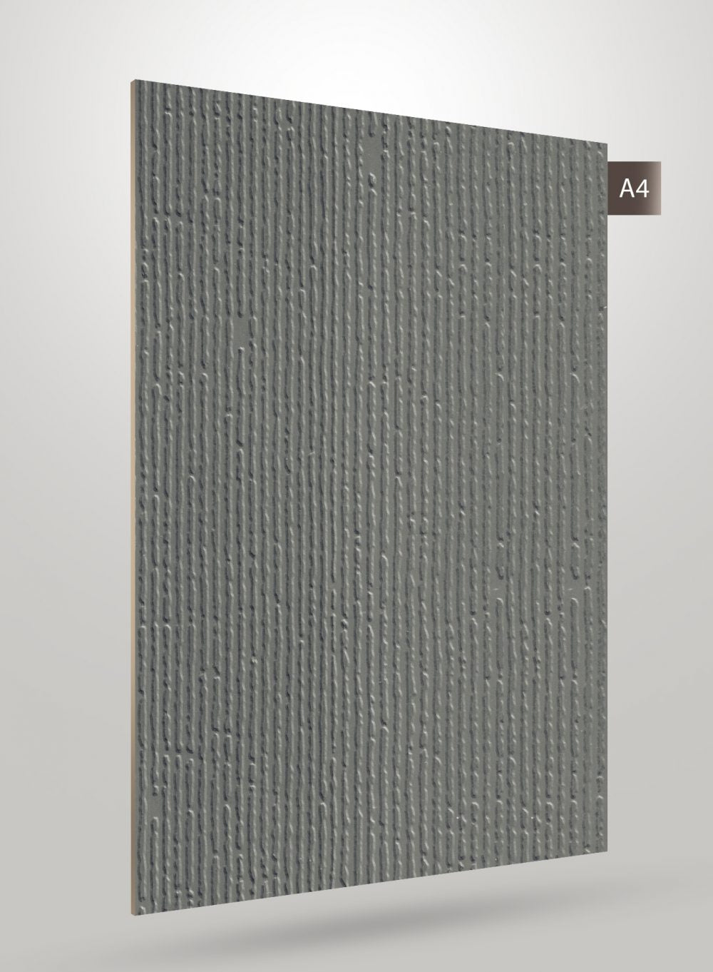 Grey fluted laminate with matte finish and textured vertical pattern.