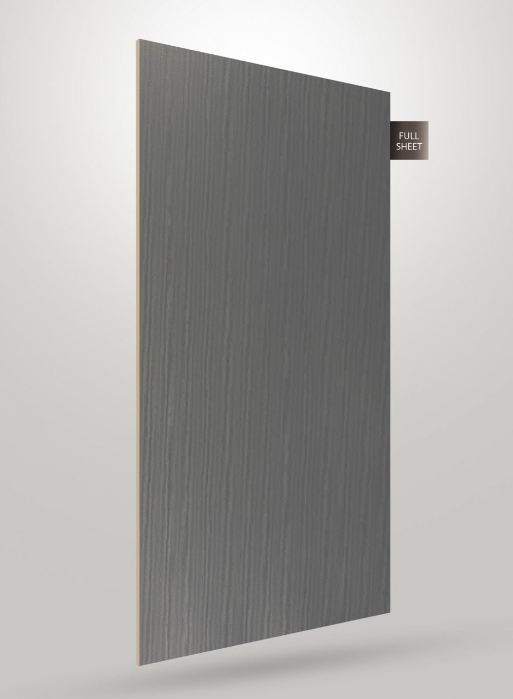 Grey fluted laminate sheet with matte finish and vertical texture pattern displayed on a light grey background with full