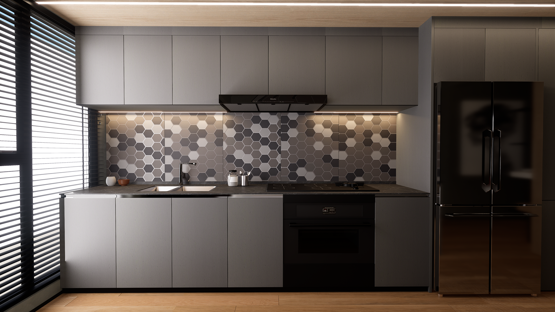 Grey fluted laminate kitchen cabinets with matte finish and textured surface in modern kitchen setting with sleek appliances.