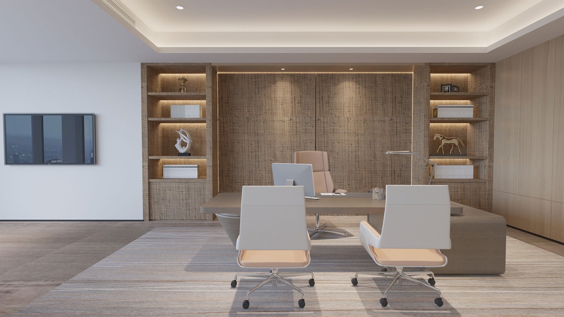 Multi-colour fabric laminate with matte finish used on office wall and floor in modern interior design setting.