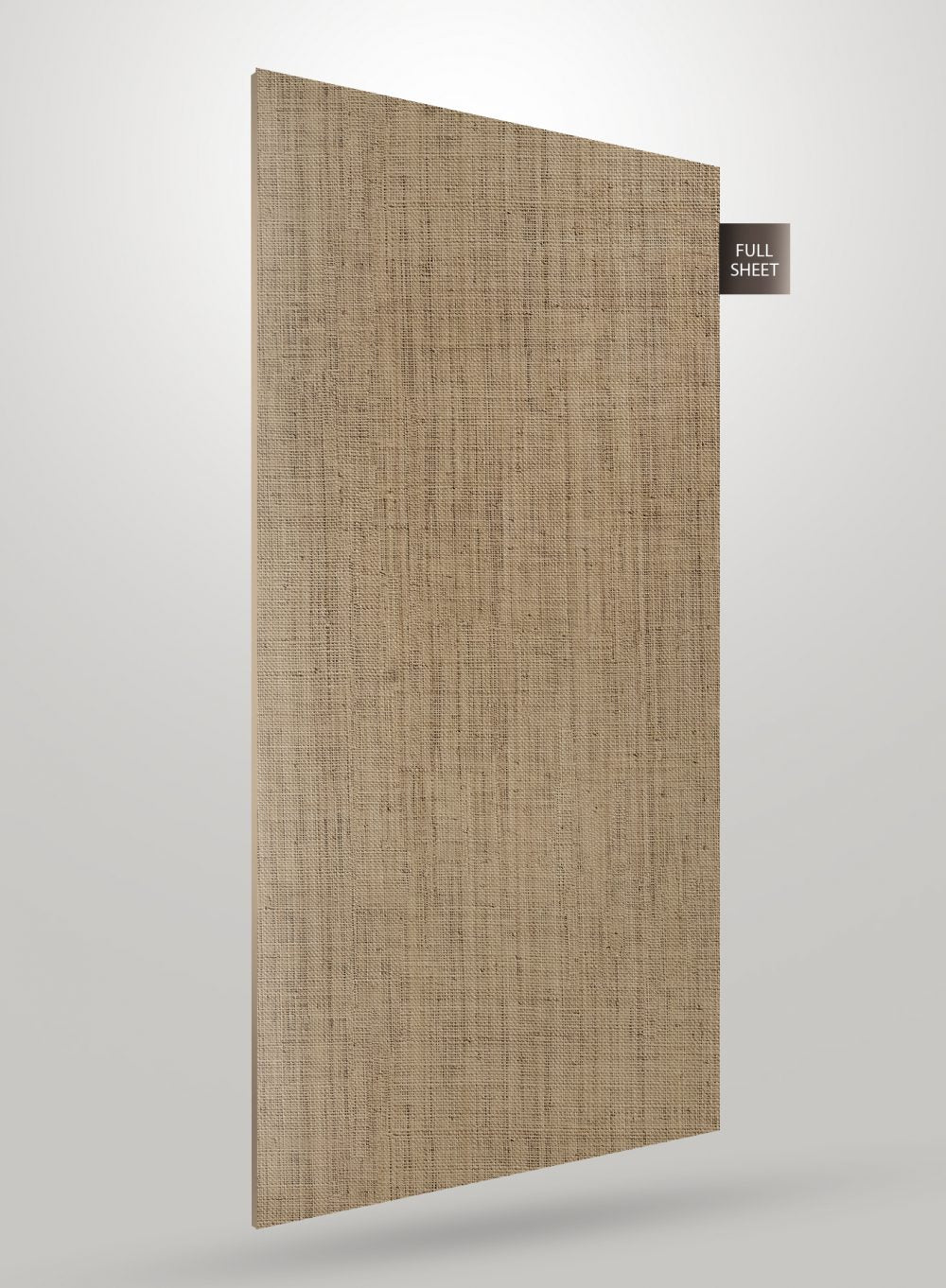 Matte beige fabric laminate with textured weave pattern and full sheet label on white background