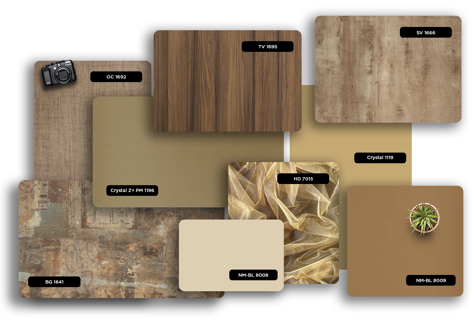 Beige patterned laminate with matte finish and textured surface, displaying various design options and product codes.