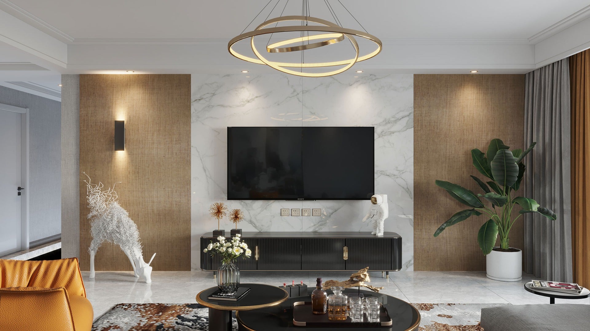 Beige matte patterned laminate wall panels in modern living room with marble accent wall and minimalist decor.