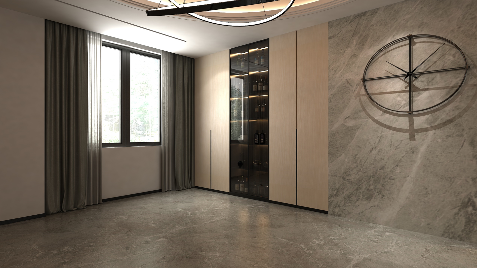 Multicolour wood laminate with matte finish and wood grain texture used on modern cabinet doors and walls in a room