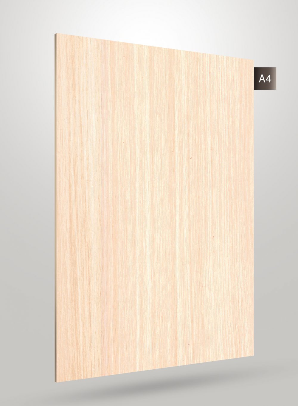 Light wood grain decorative laminate with matte finish and vertical wood pattern on a rectangular sheet.