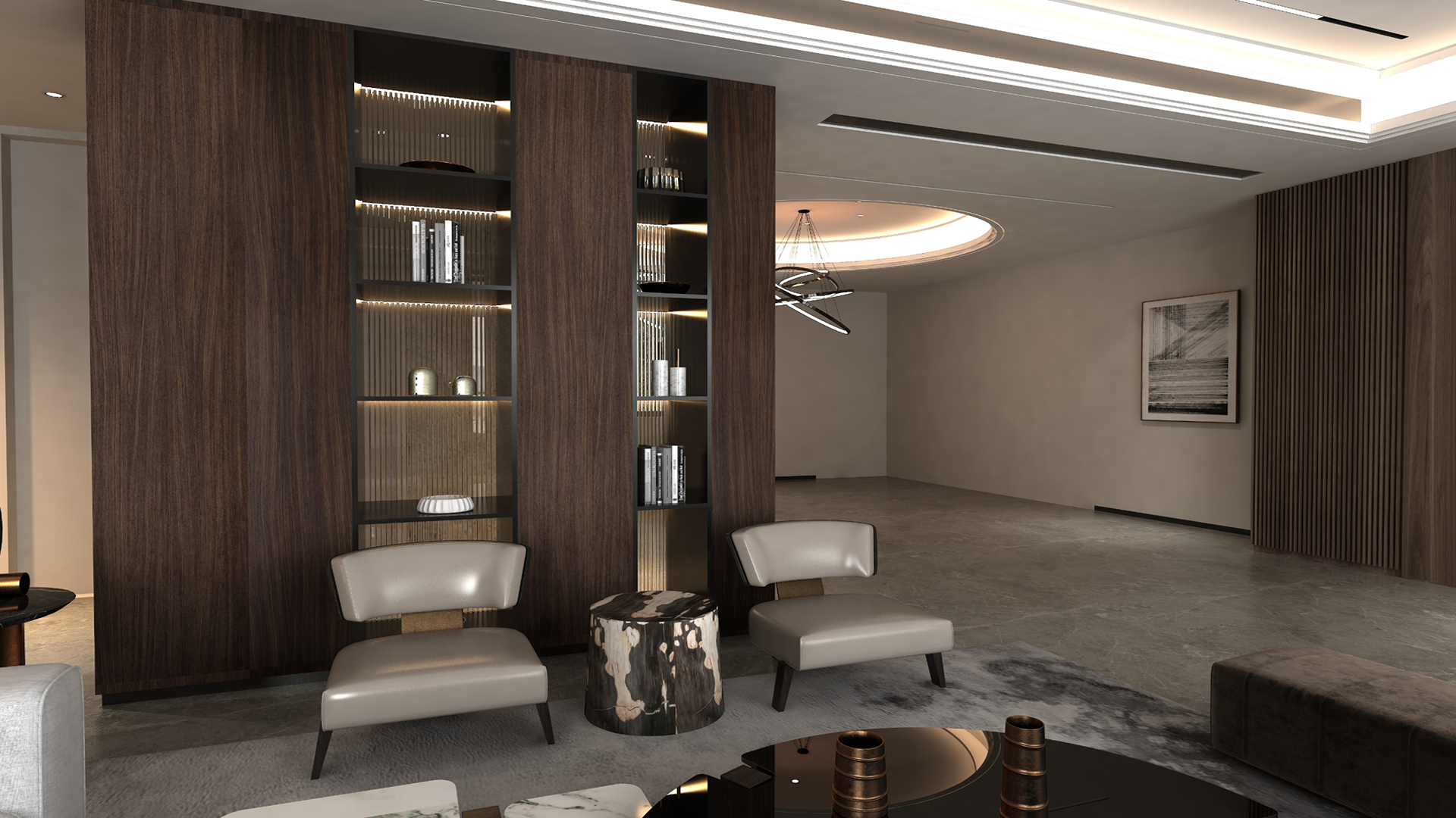 Dark wood grain laminate wall with matte finish in modern living room with sleek furniture and decorative lighting.