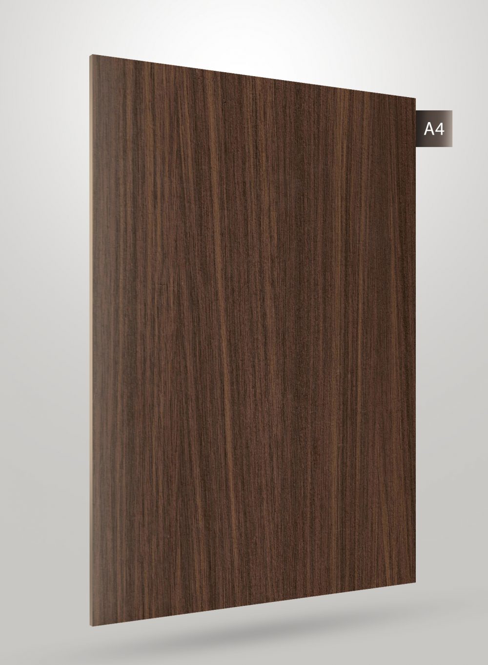 Dark brown wood grain decorative laminate with matte finish and vertical wood pattern texture on a white background