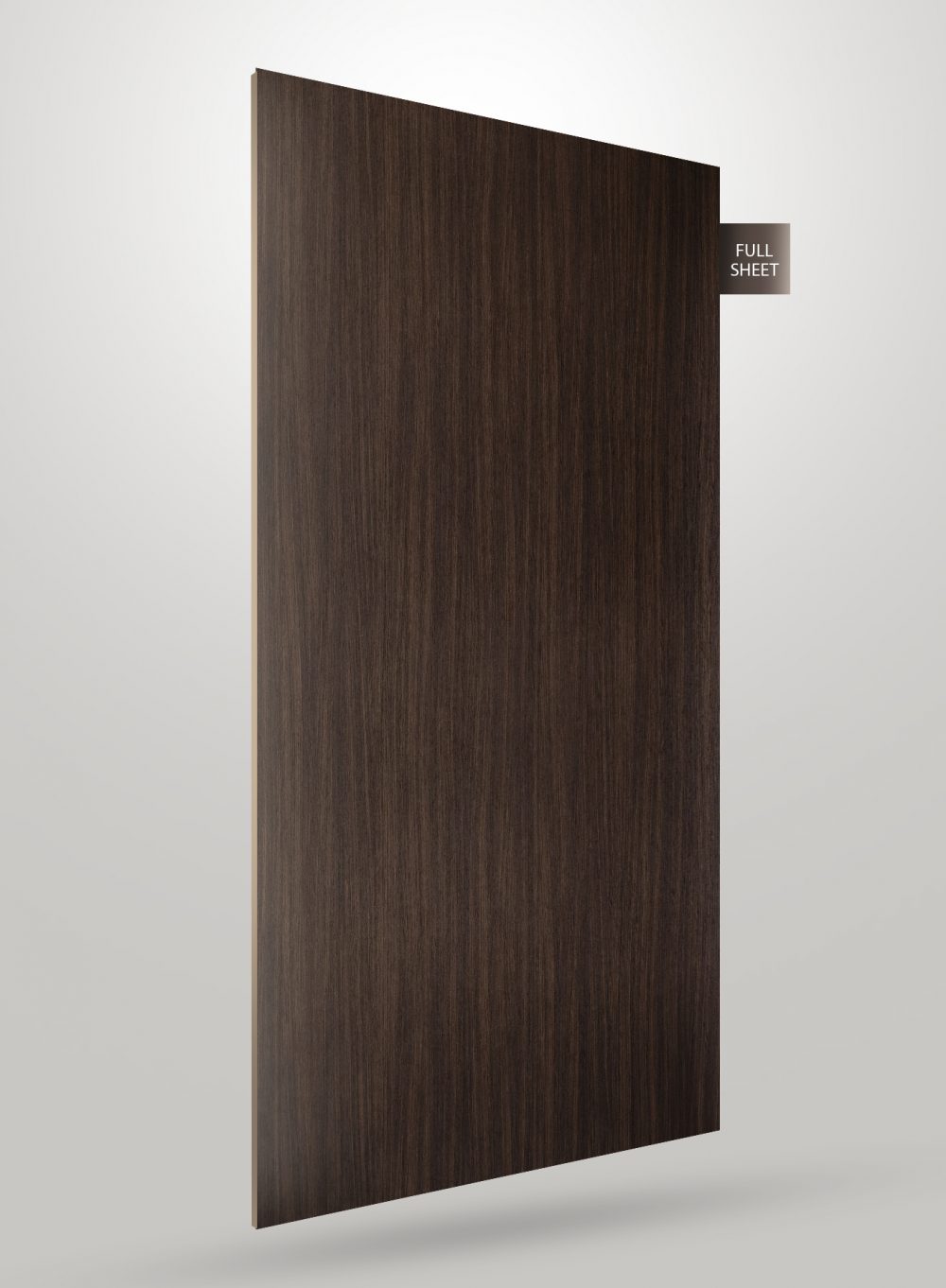 Dark brown wood grain laminate sheet with matte finish and visible wood texture, labeled full sheet.