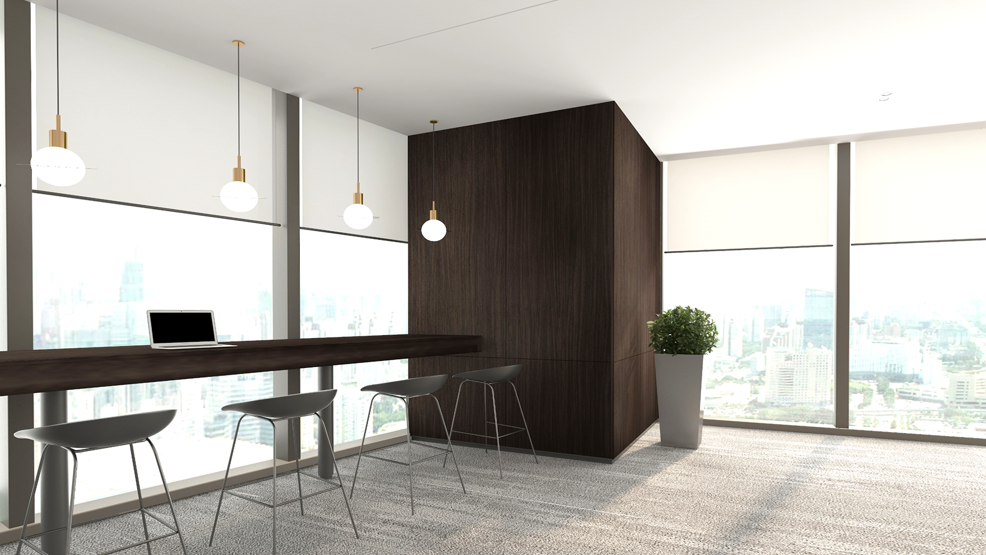 Dark wood grain decorative laminate wall panel with matte finish in modern office setting with minimalist decor and city view