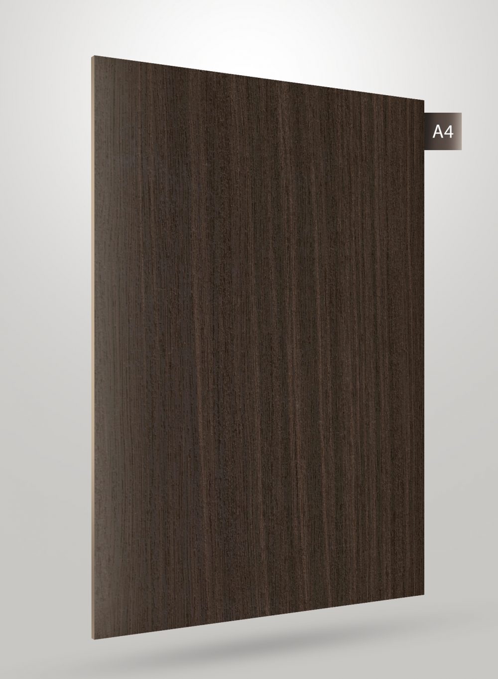 Dark brown wood grain decorative laminate with matte finish and vertical wood texture pattern on a sample sheet.