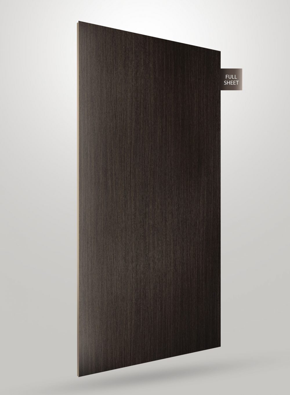 Dark brown wood grain decorative laminate sheet with matte finish and visible wood texture displayed at an angle.