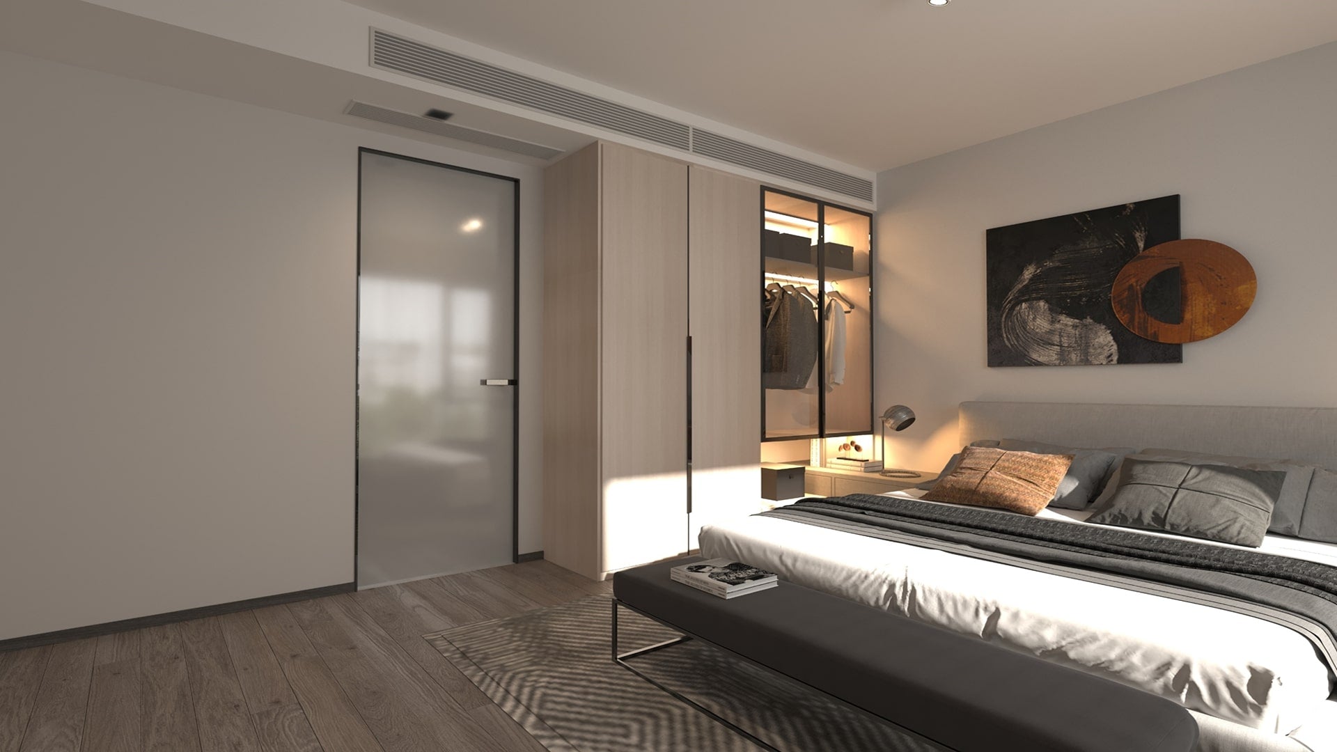 Wood grain laminate in modern bedroom with closet and abstract art, featuring matte finish and natural wood texture.
