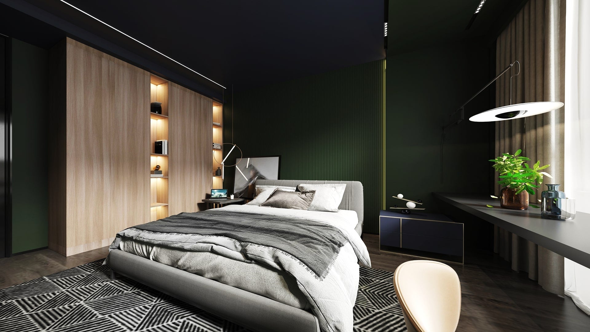 Wood grain decorative laminate with matte finish used on modern bedroom wall and shelving units with minimalist decor.