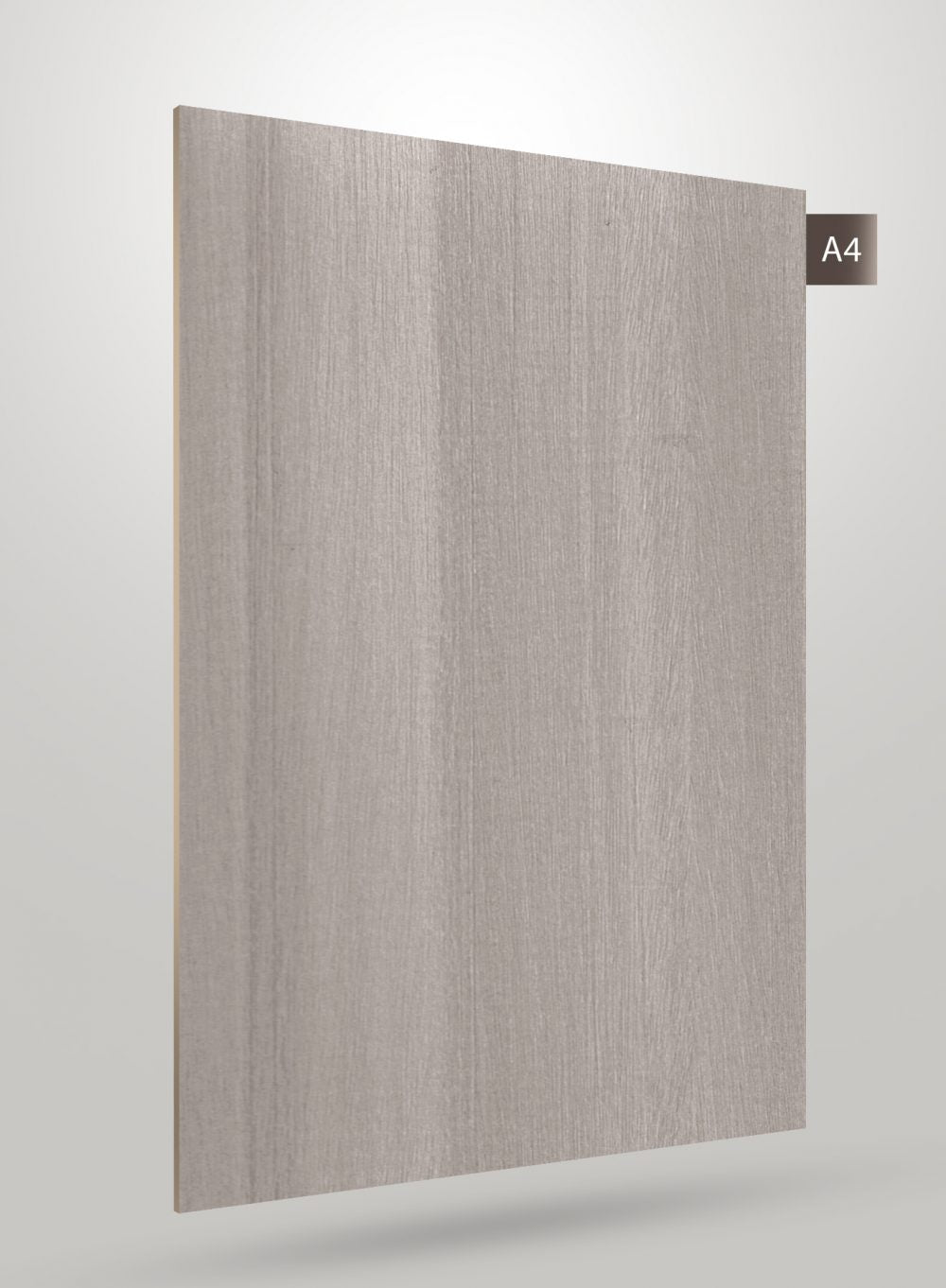 Grey wood grain decorative laminate with matte finish and visible texture, labelled A4.