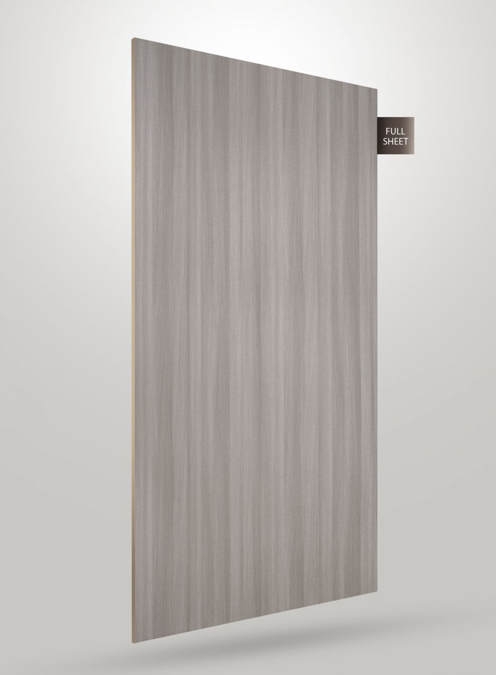 Grey wood grain decorative laminate sheet with matte finish and visible wood texture, shown as full sheet.