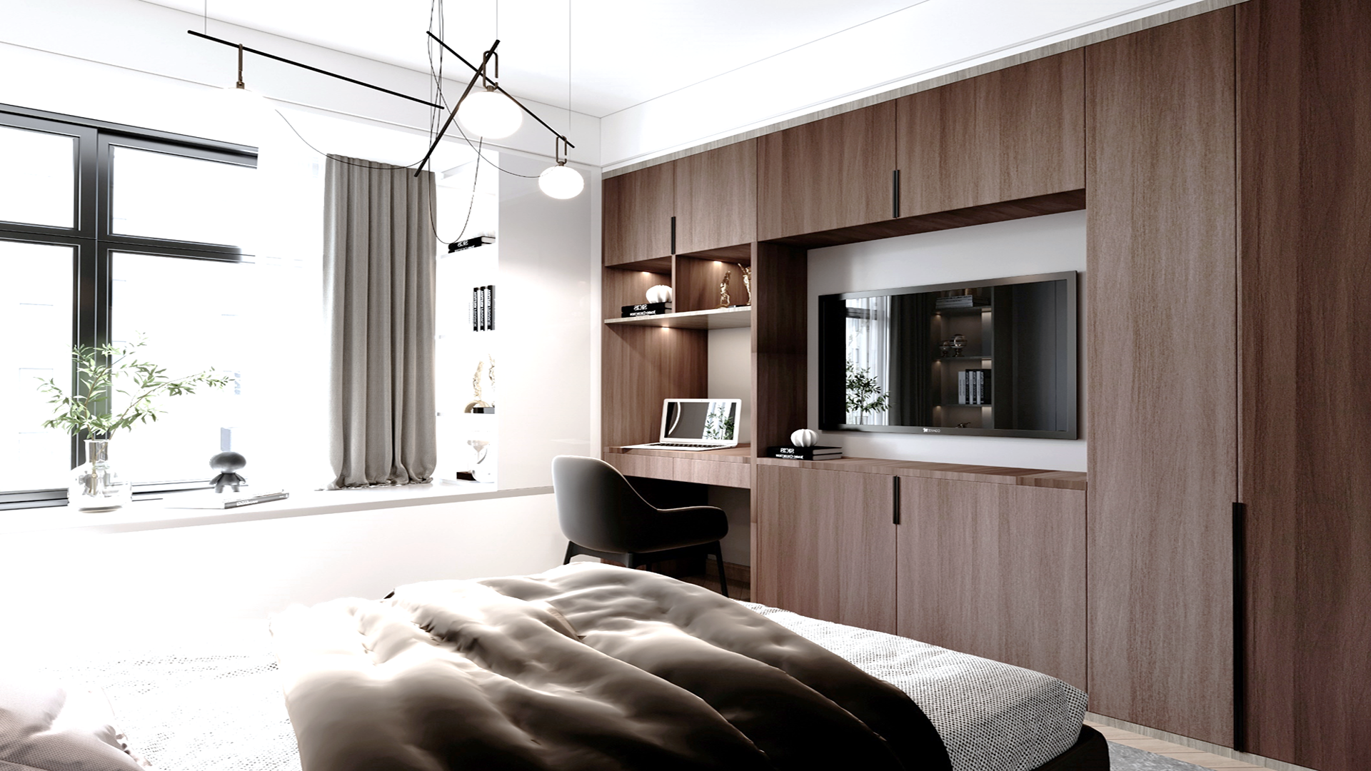 Wood laminate wall panels and furniture in modern bedroom with matte finish and wood grain texture