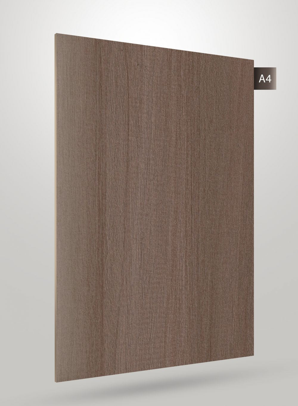 Brown wood grain decorative laminate with matte finish and visible texture, displaying a wood pattern and subtle grain
