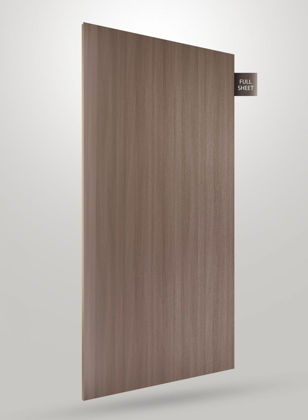 Brown wood grain laminate sheet with matte finish and vertical grain pattern displayed at an angle with full sheet label.