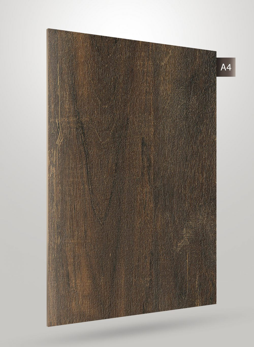 Dark brown wood grain laminate with matte finish and textured surface, showcasing natural wood pattern and subtle grain