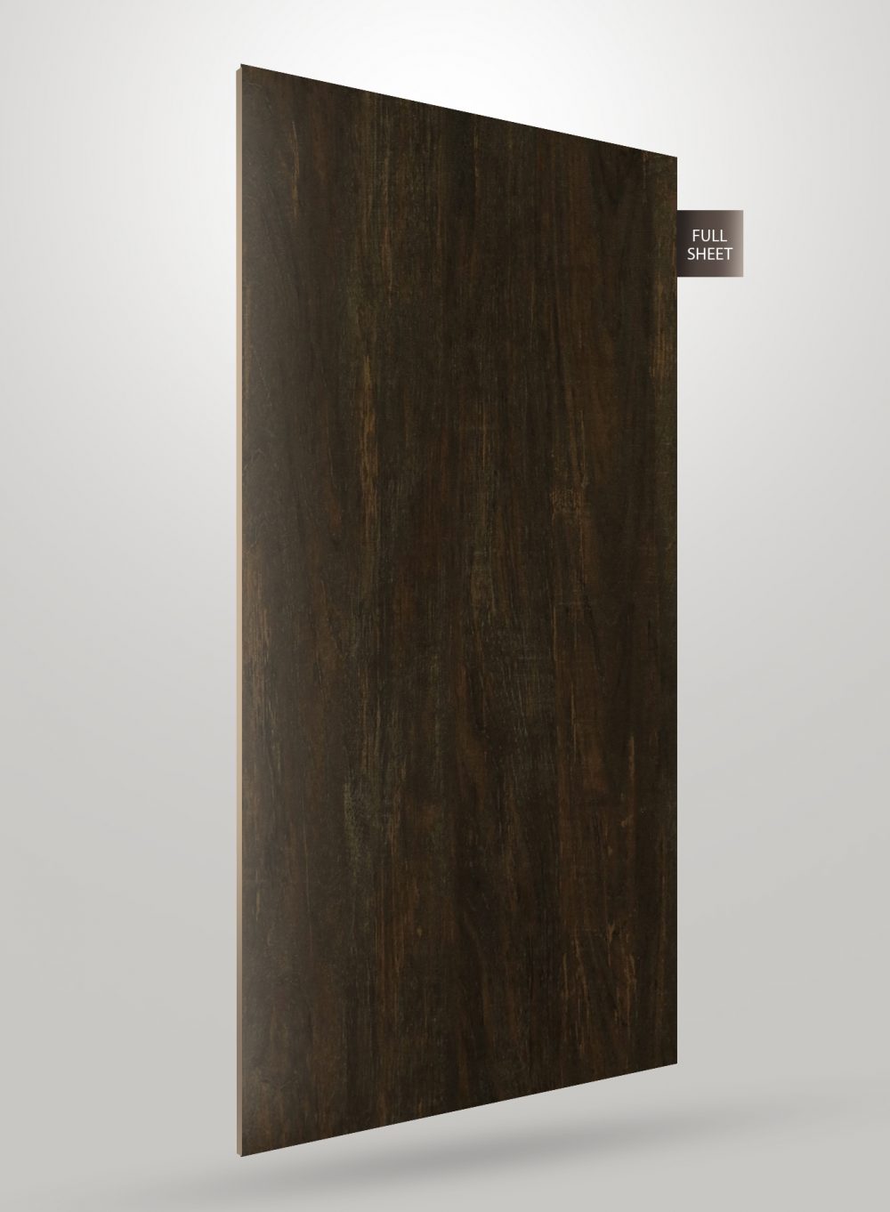 Dark brown wood grain laminate sheet with matte finish and visible wood texture displayed on a white background with full