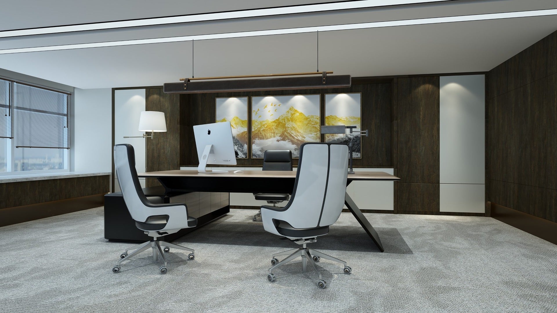 Dark wood laminate wall panels with matte finish in modern office setting