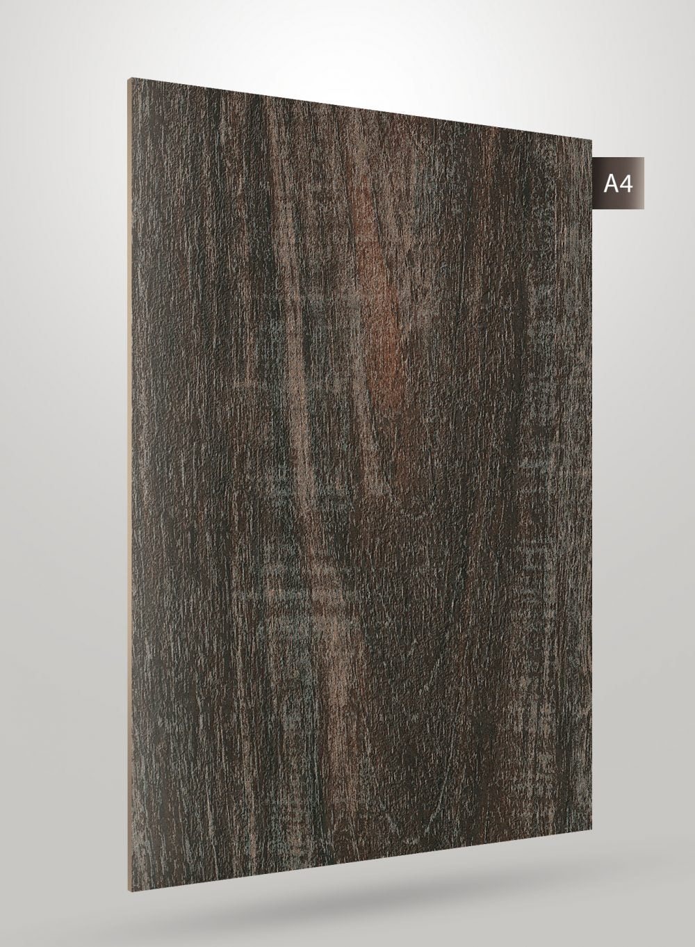 Brown wood grain decorative laminate with matte finish and textured surface, showing wood pattern and subtle color