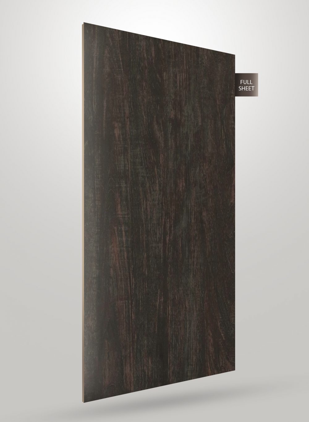 Dark brown wood laminate sheet with matte finish and visible wood grain texture, labeled full sheet.