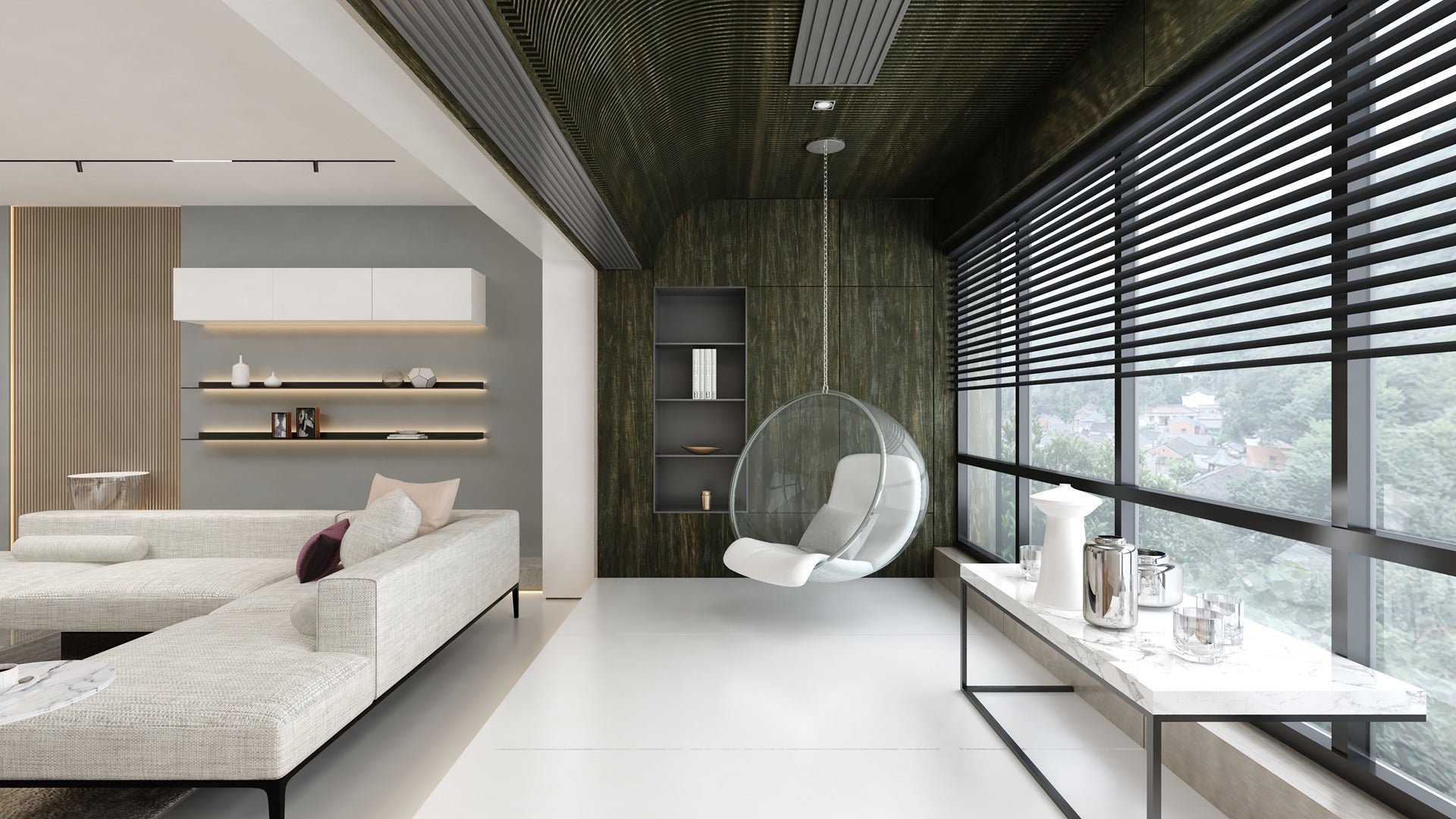 Brown wood laminate in a modern room with dark green wood paneling on walls and ceiling, matte finish, wood grain visible