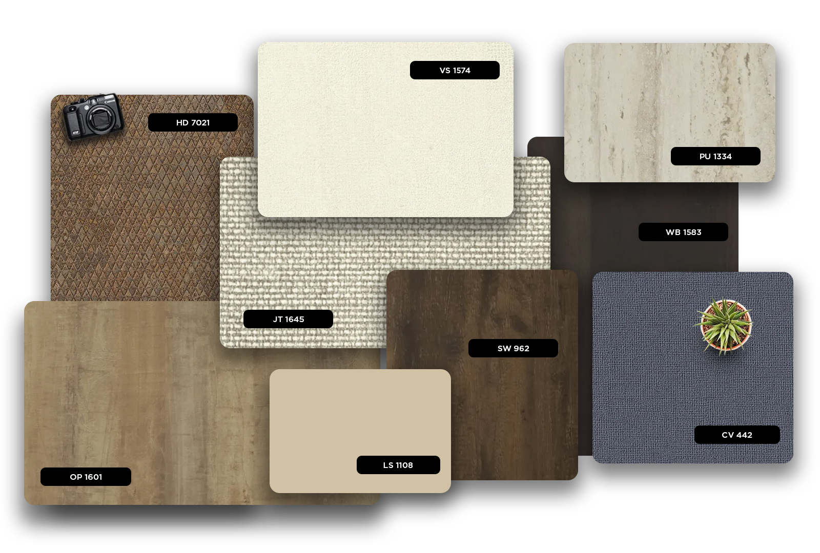 Multi-coloured wood grain laminate with matte finish and textured pattern, labelled OP 1601, displayed among various other