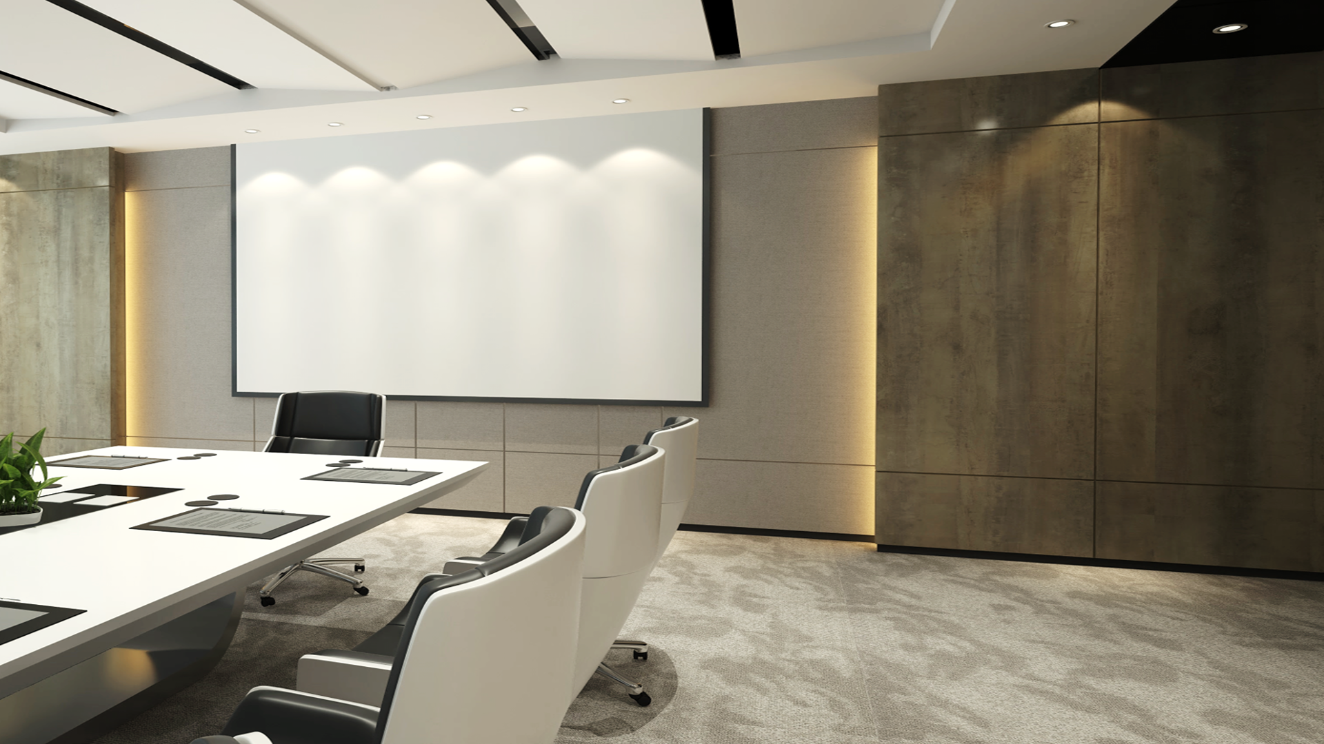 Wood grain laminate wall panels with matte finish in a modern conference room setting with ambient lighting.