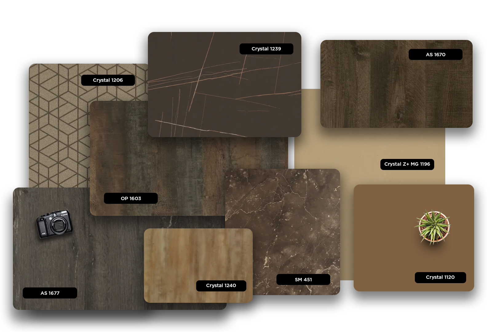 Brown wood grain laminate with matte finish and visible texture, showcasing various designs and patterns in a collage format.
