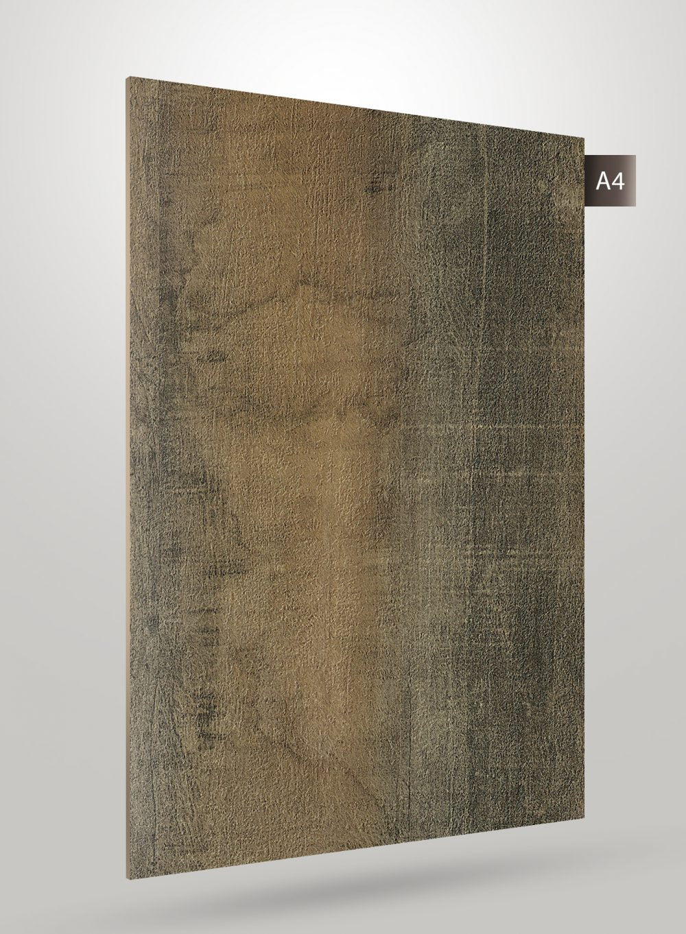Brown wood laminate with matte finish and wood grain texture, showing a rectangular sample with subtle texture variations.