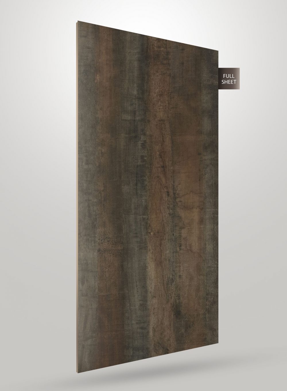 Brown wood grain laminate sheet with matte finish and visible texture, labeled full sheet on a plain background